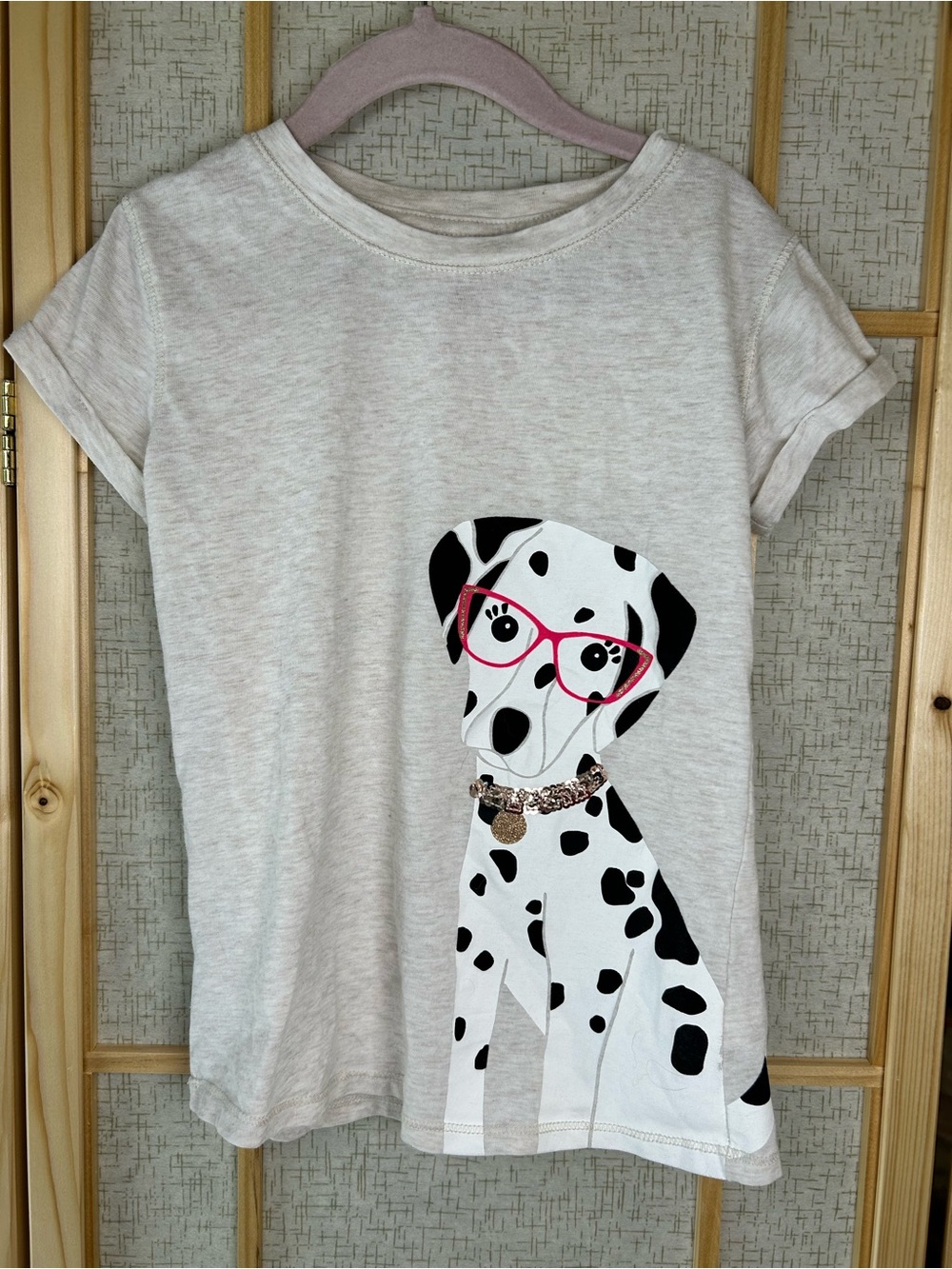 Cat & Jack Cream Dalmatian Tee with Pink Glasses and Gold Collar